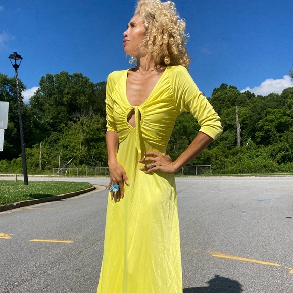 Vintage yellow keyhole jersey maxi disco dress S/M - Picture 6 of 12